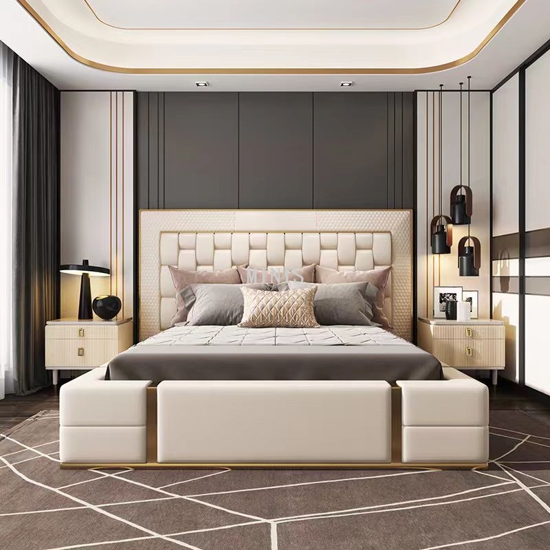 Muebles de dormitorio modernos con respaldo alto, cama para adultos de cuero beige