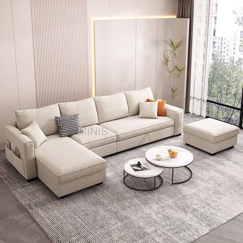 Sof&aacute;s cama plegables en forma de L de tela beige con almacenamiento