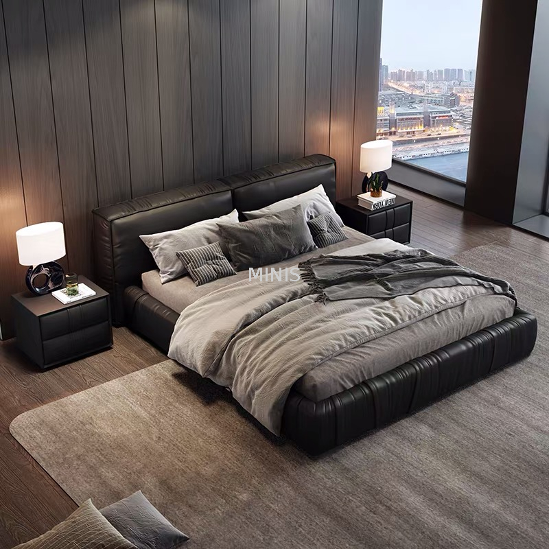 Meubles de chambre &agrave; coucher pour adultes, lit en cuir noir confortable et moderne