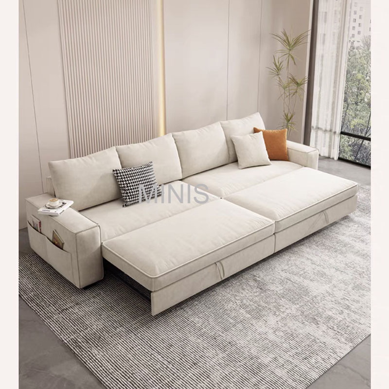 Canap&eacute;s-lits pliables en forme de L en tissu beige avec rangement