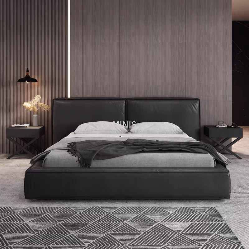 Meubles de chambre &agrave; coucher pour adultes, lit en cuir noir confortable et moderne