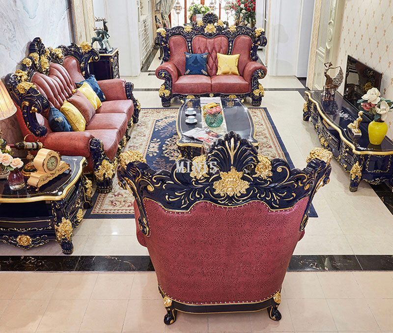 Sala de estar grande, sof&aacute; blanco de cuero genuino, madera negra y dorada