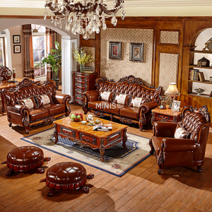 Muebles de sal&oacute;n cl&aacute;sicos Sof&aacute;s de cuero marr&oacute;n de madera