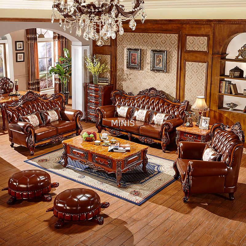 Muebles de sal&oacute;n cl&aacute;sicos Sof&aacute;s de cuero marr&oacute;n de madera