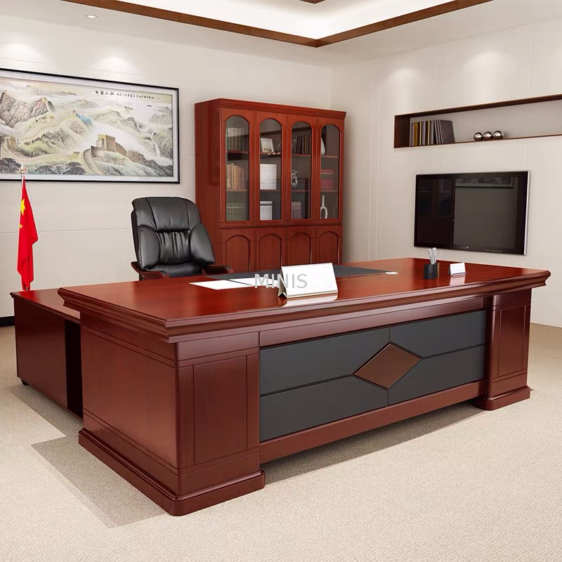 Bureau de directeur ex&eacute;cutif en placage de table en bois en forme de L