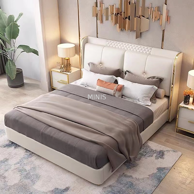 Chambre &agrave; coucher meubles confortables lit double en cuir blanc adulte