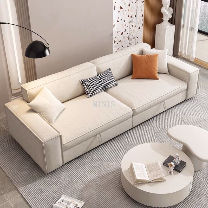 Canap&eacute;s-lits pliables en forme de L en tissu beige avec rangement