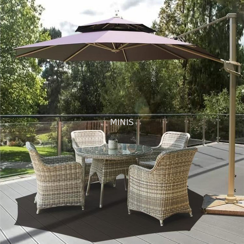 Table ronde de jardin ext&eacute;rieur avec parasol/chaise de salle &agrave; manger en rotin
