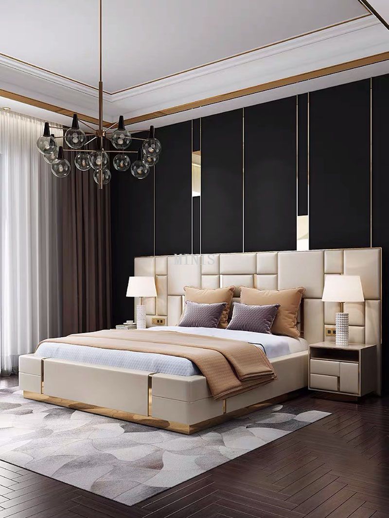 Meubles de chambre &agrave; coucher modernes, lit adulte en cuir beige &agrave; dossier haut