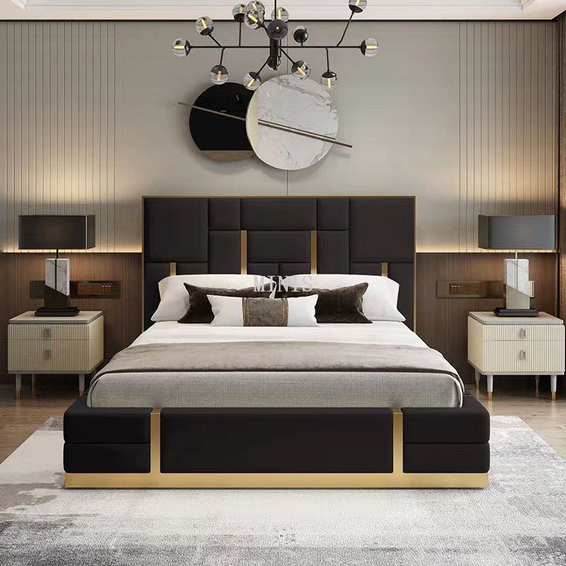 Dormitorio para adultos Metal dorado Reposacabezas alto Cama de terciopelo marr&oacute;n