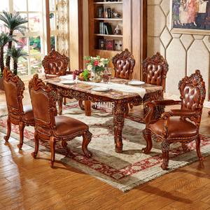 Muebles de comedor Mesa de comedor de m&aacute;rmol y madera marr&oacute;n con sillas