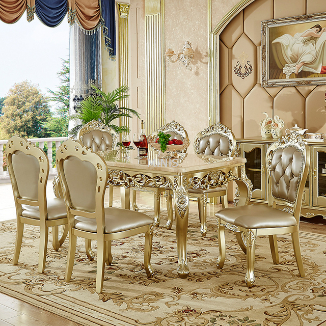 Muebles de comedor Mesa de comedor con tapa de m&aacute;rmol de madera dorada