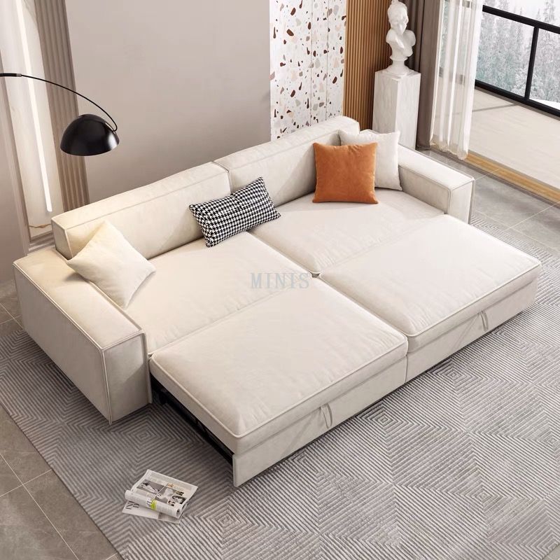Canap&eacute;s-lits pliables en forme de L en tissu beige avec rangement