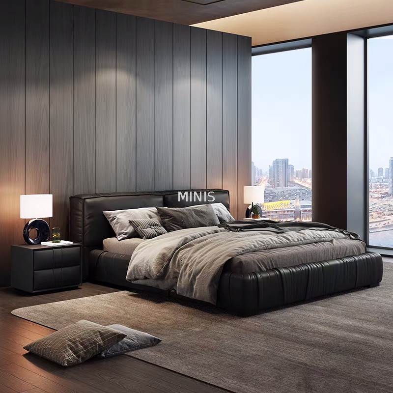 Meubles de chambre &agrave; coucher pour adultes, lit en cuir noir confortable et moderne