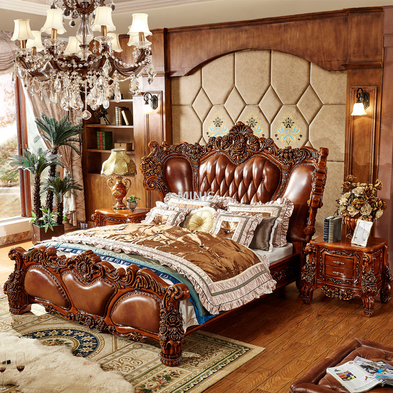 Muebles de dormitorio Cama tama&ntilde;o king de cuero genuino y madera vintage
