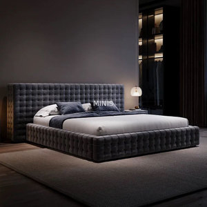 Meubles de chambre &agrave; coucher pour adultes, grand lit de luxe en velours en tissu bleu 