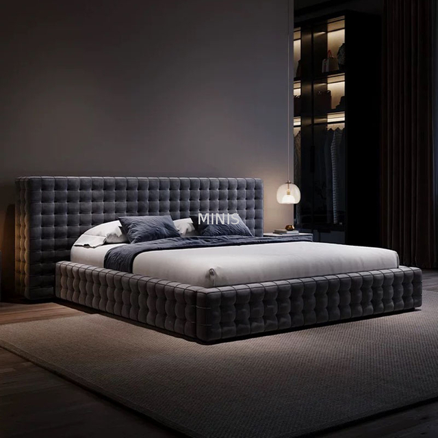 Muebles de dormitorio para adultos Cama de terciopelo de tela azul grande de lujo 