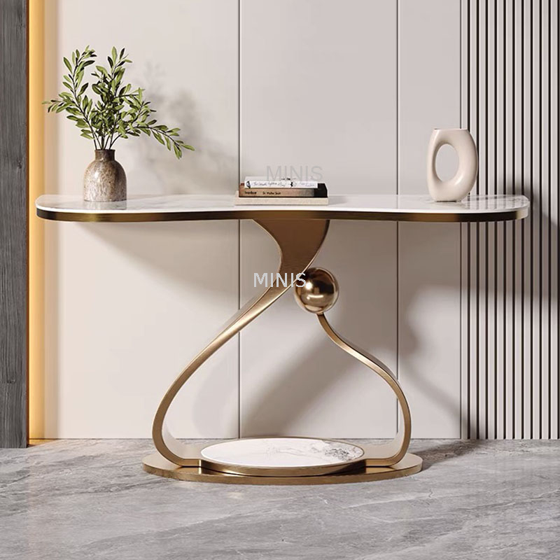 Mesa consola dorada peque&ntilde;a y delgada de m&aacute;rmol, moderna y elegante, para entrada