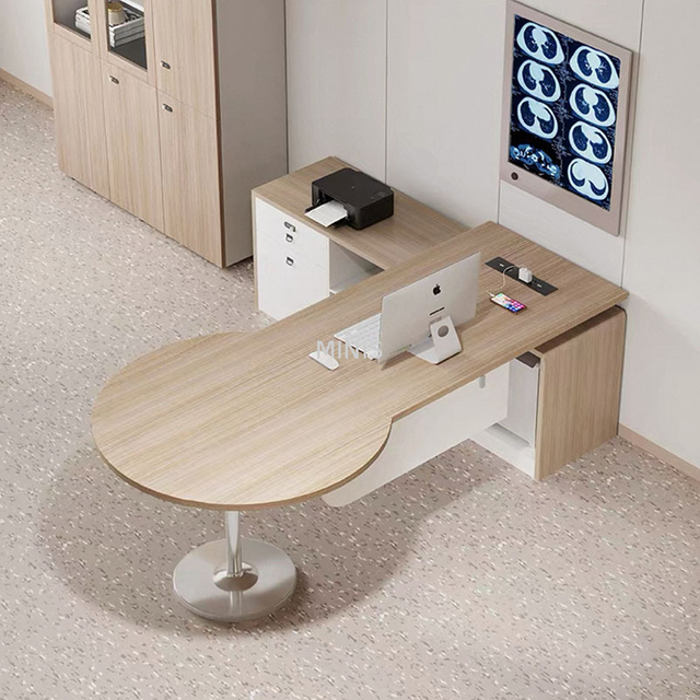 Bureau en bois rond rectangulaire avec table d'angle lat&eacute;rale