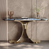 Mesa consola dorada peque&ntilde;a y delgada de m&aacute;rmol, moderna y elegante, para entrada