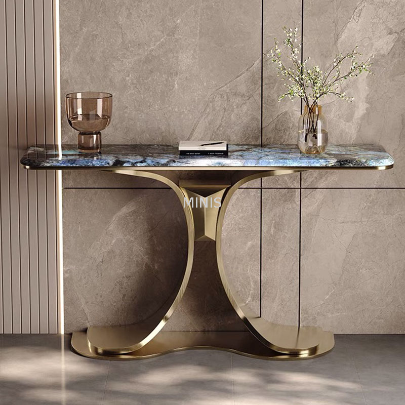 Mesa consola dorada peque&ntilde;a y delgada de m&aacute;rmol, moderna y elegante, para entrada