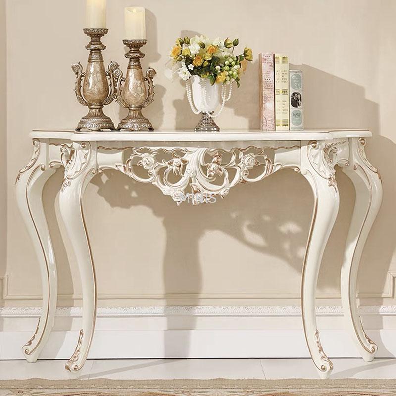 Mesa consola decorativa de madera dorada blanca para pasillo franc&eacute;s