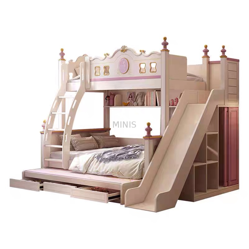 Lit superpos&eacute; d'enfant en bois fort rose de chambre &agrave; coucher de fille avec des tiroirs