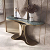 Mesa consola dorada peque&ntilde;a y delgada de m&aacute;rmol, moderna y elegante, para entrada