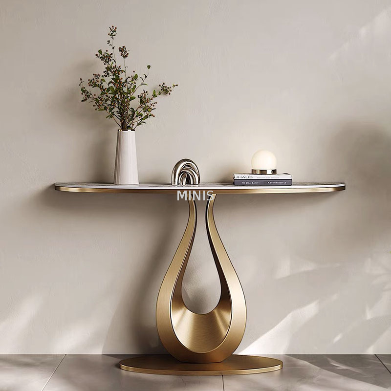 Mesa consola dorada peque&ntilde;a y delgada de m&aacute;rmol, moderna y elegante, para entrada
