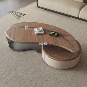 Table basse en forme de feuille beige en bois de salon avec tiroirs