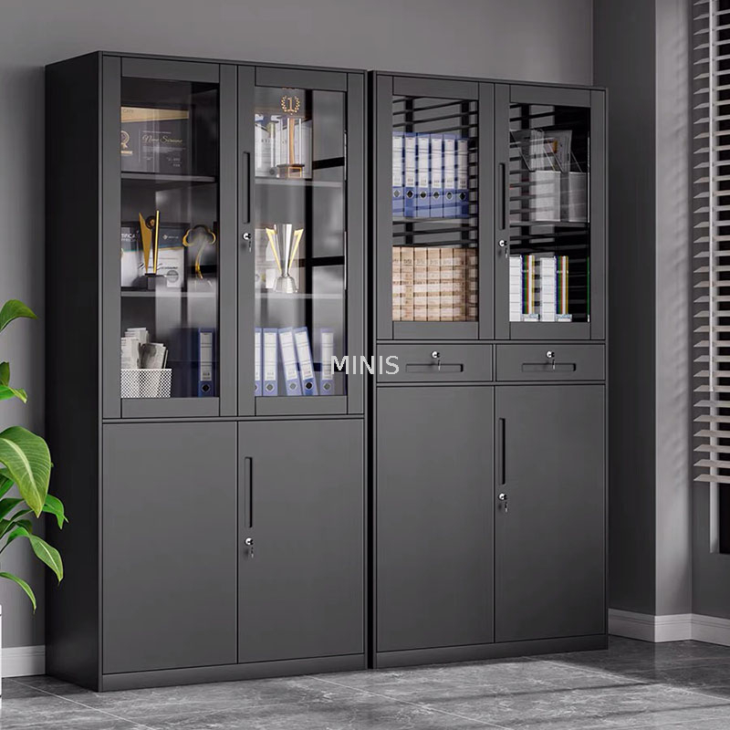 Biblioth&egrave;que de rangement de bureau, classeur haut en acier et m&eacute;tal noir