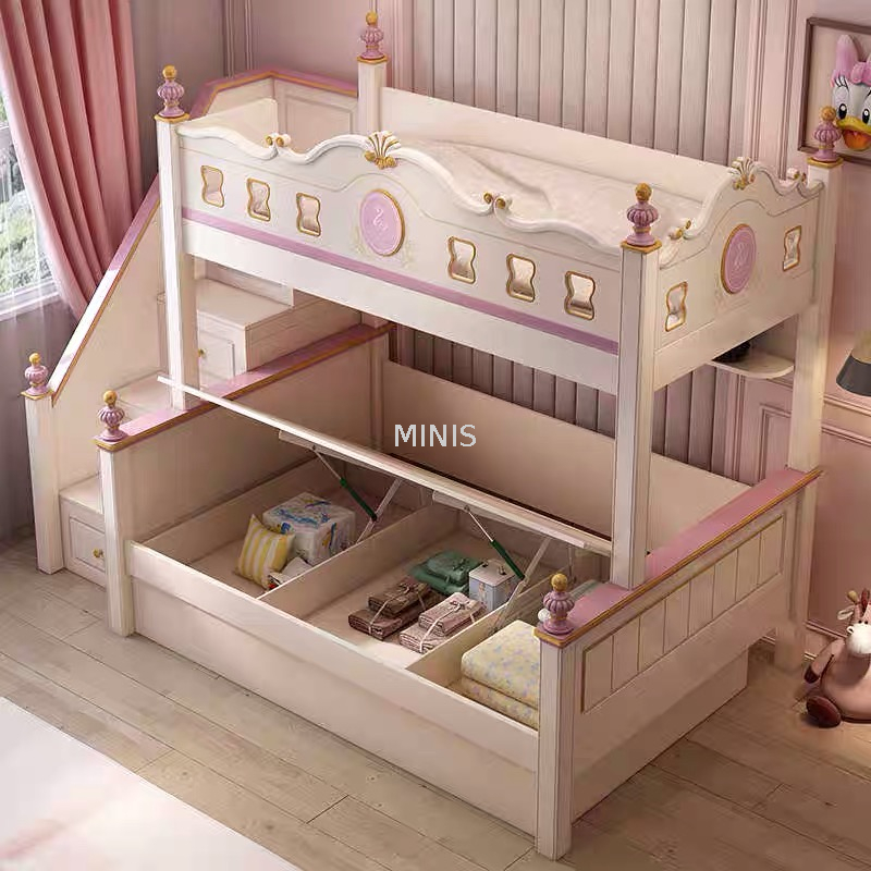 Lit superpos&eacute; d'enfant en bois fort rose de chambre &agrave; coucher de fille avec des tiroirs