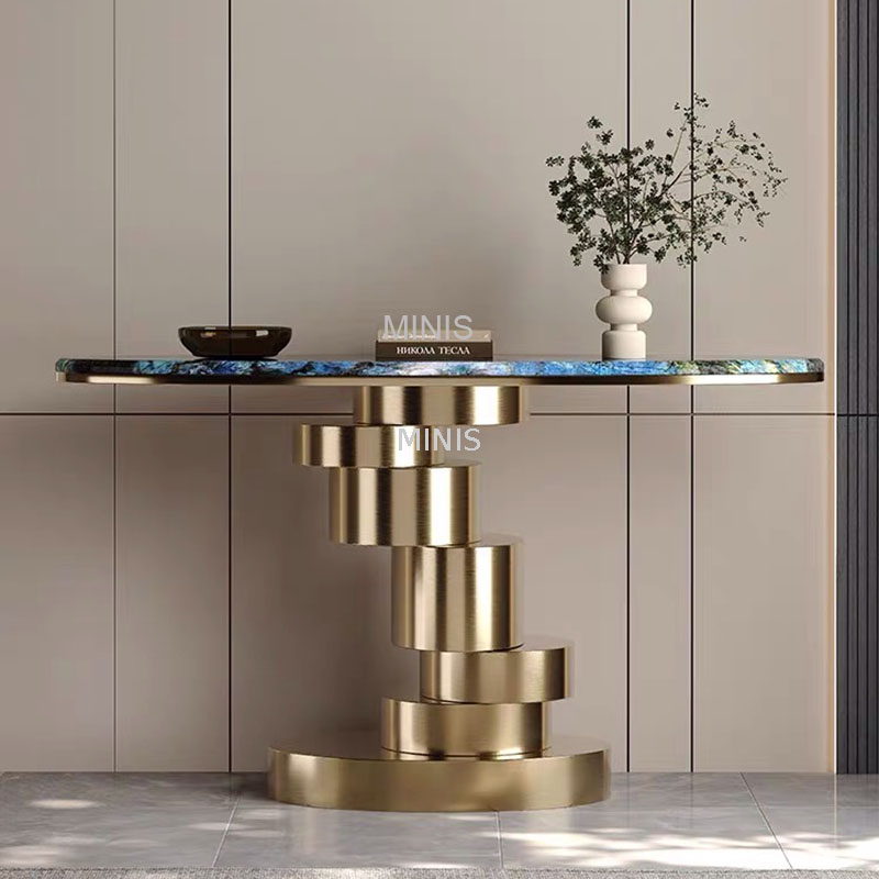 Mesa consola dorada peque&ntilde;a y delgada de m&aacute;rmol, moderna y elegante, para entrada