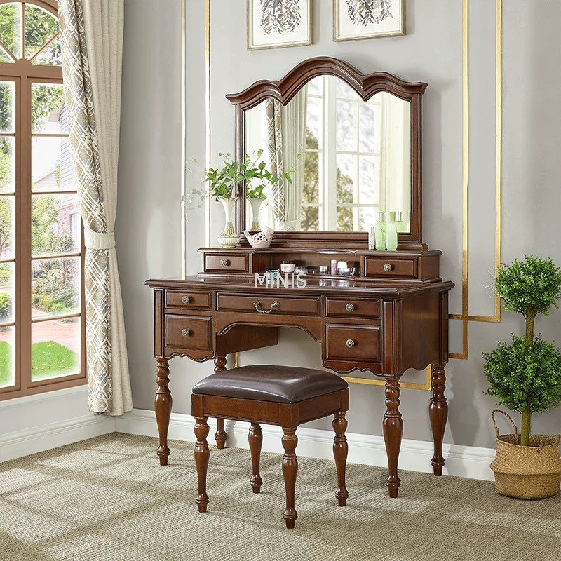 Coiffeuse en bois marron vintage pour chambre &agrave; coucher avec miroir