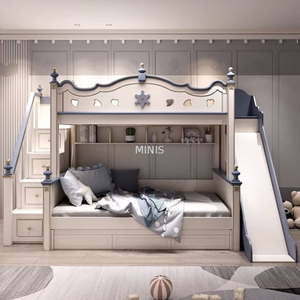 Chambre d'enfant gar&ccedil;on bleu blanc lit superpos&eacute; avec toboggan